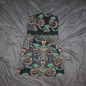 A multi colored strapless dress. Size 8. A French connection design